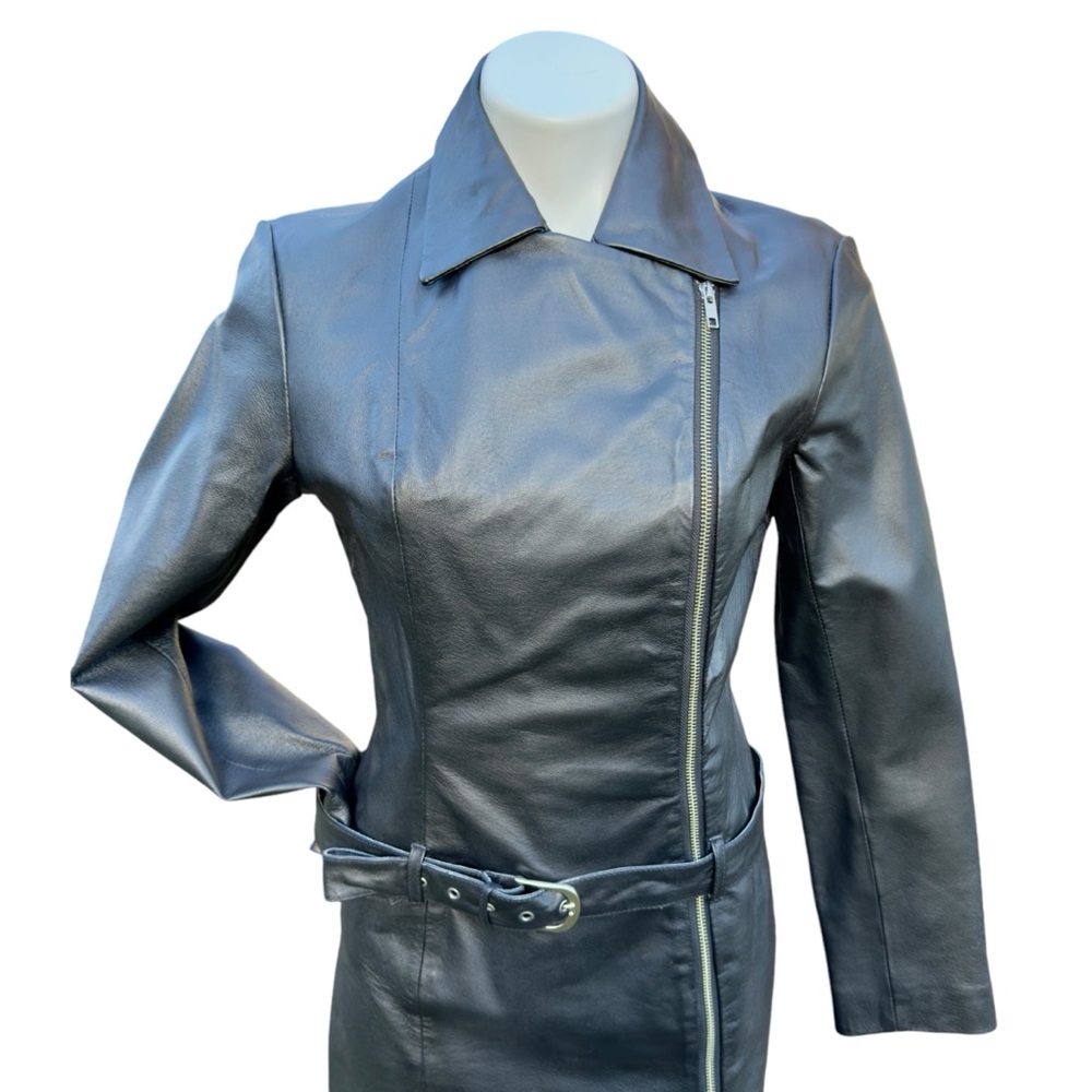 Vintage 1990’s Newport News Black Leather Asymmetrical Zip Moto Dress - Picture 9 of 14